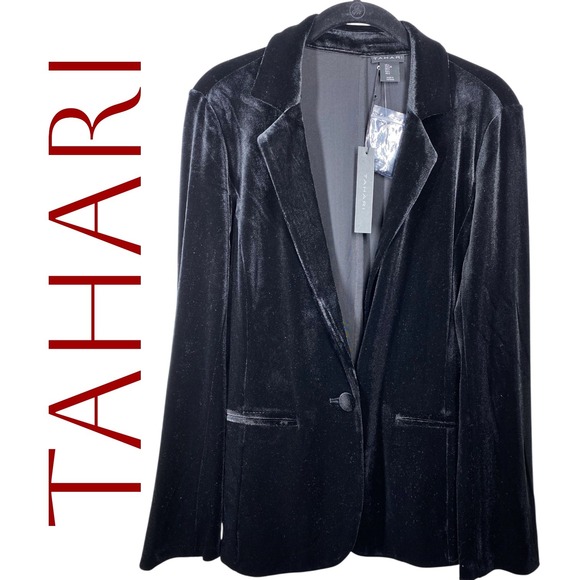 Tahari NWT Womens Black Velvet Single Button Blazer Jacket Notched Lapel Large - Picture 2 of 15